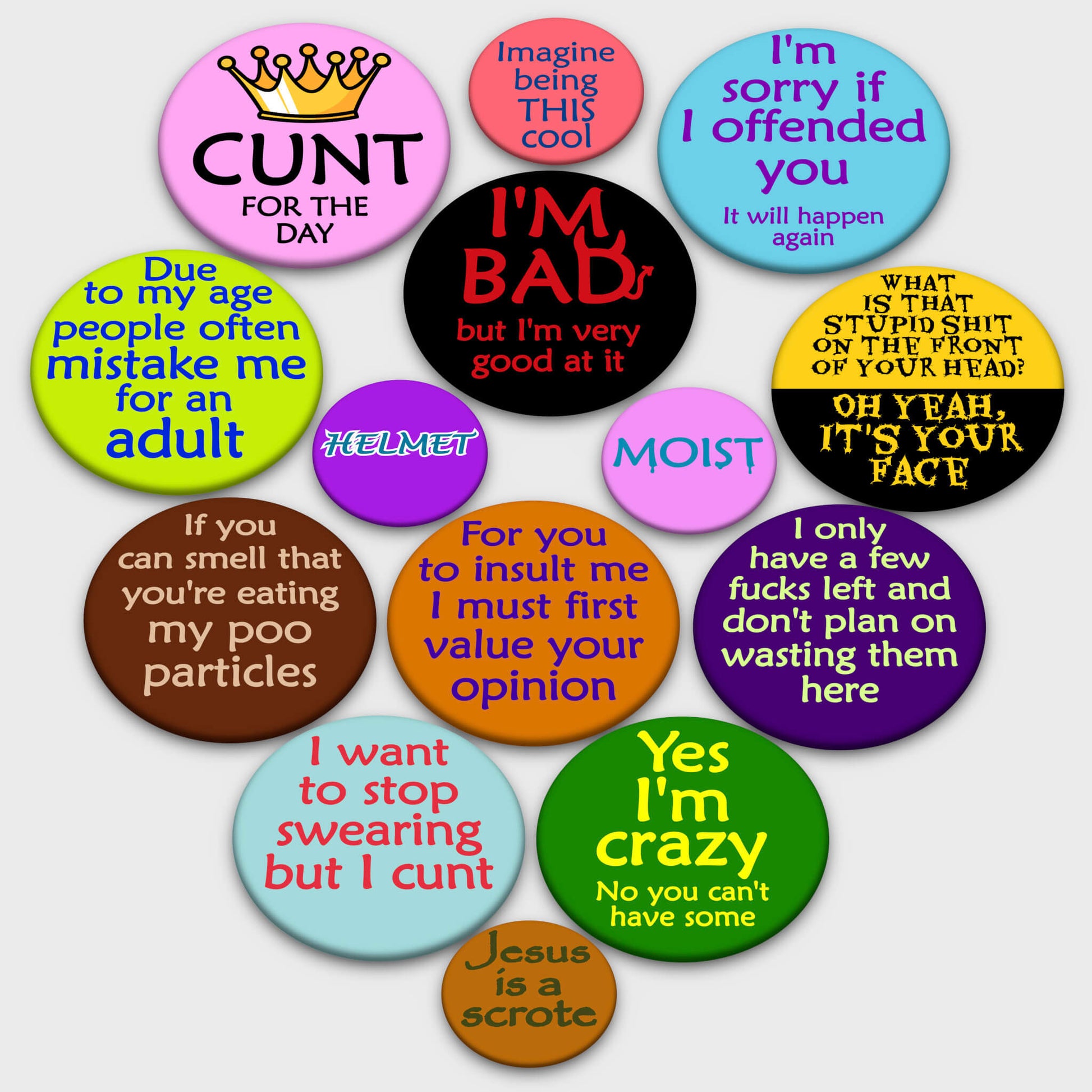 Selection of badges from Mr. Inappropriate.